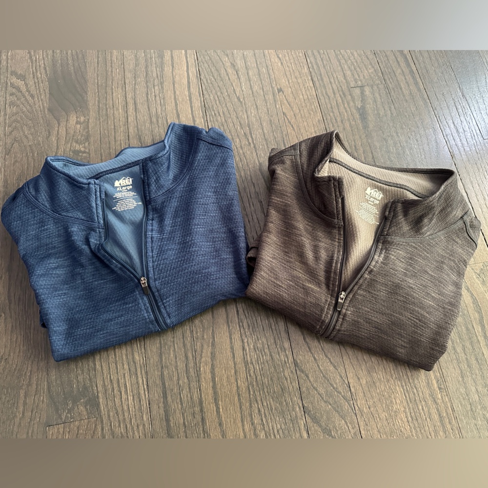 2 REI Men's Blue and Grey Zip-Up Sweaters